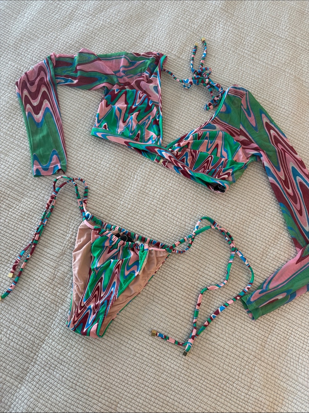 🔥PatBO Pink & Green Swirl Print Long-Sleeve Bikini Set🍾